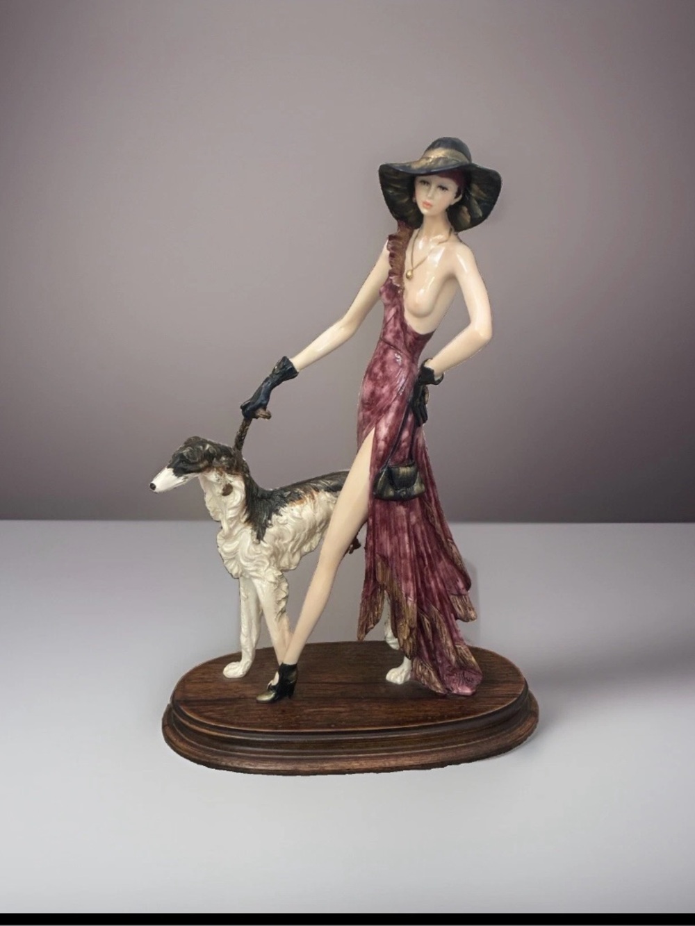 Vintage AMILCARE Santini Italian Art Deco Lady Walking Borzoi Dog Sculpture 17”